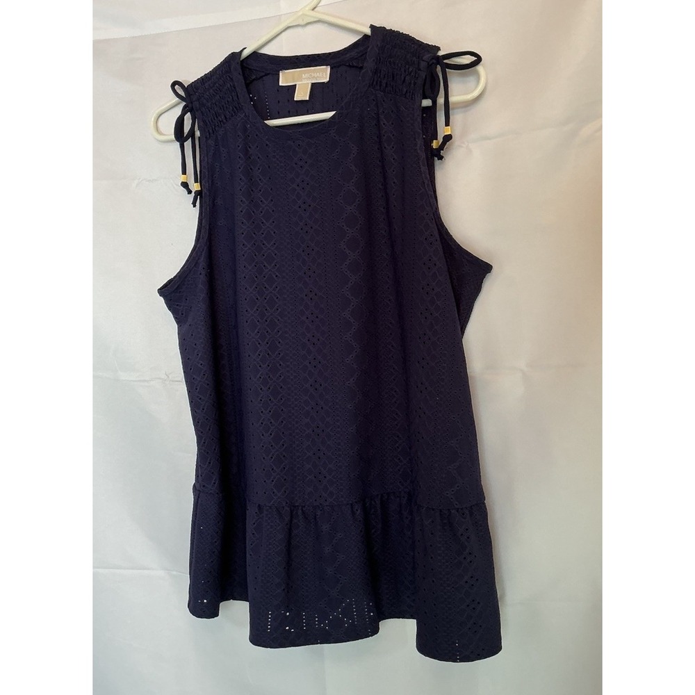 Michael Kors Stretch Women's Sleeveless Top Navy Blue Eyelet Ruffle Hem Size L - Picture 6 of 9